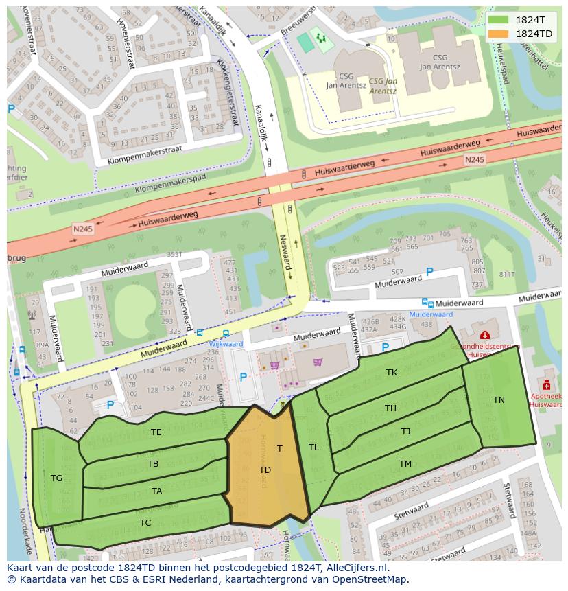 Afbeelding van het postcodegebied 1824 TD op de kaart.
