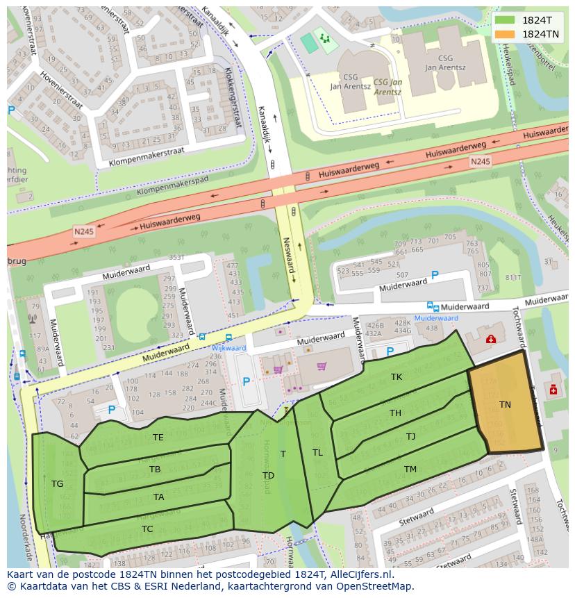 Afbeelding van het postcodegebied 1824 TN op de kaart.