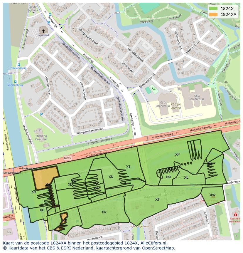 Afbeelding van het postcodegebied 1824 XA op de kaart.
