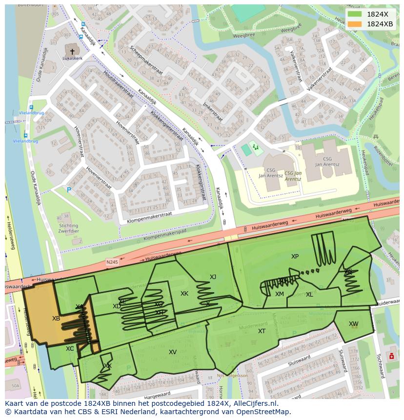 Afbeelding van het postcodegebied 1824 XB op de kaart.