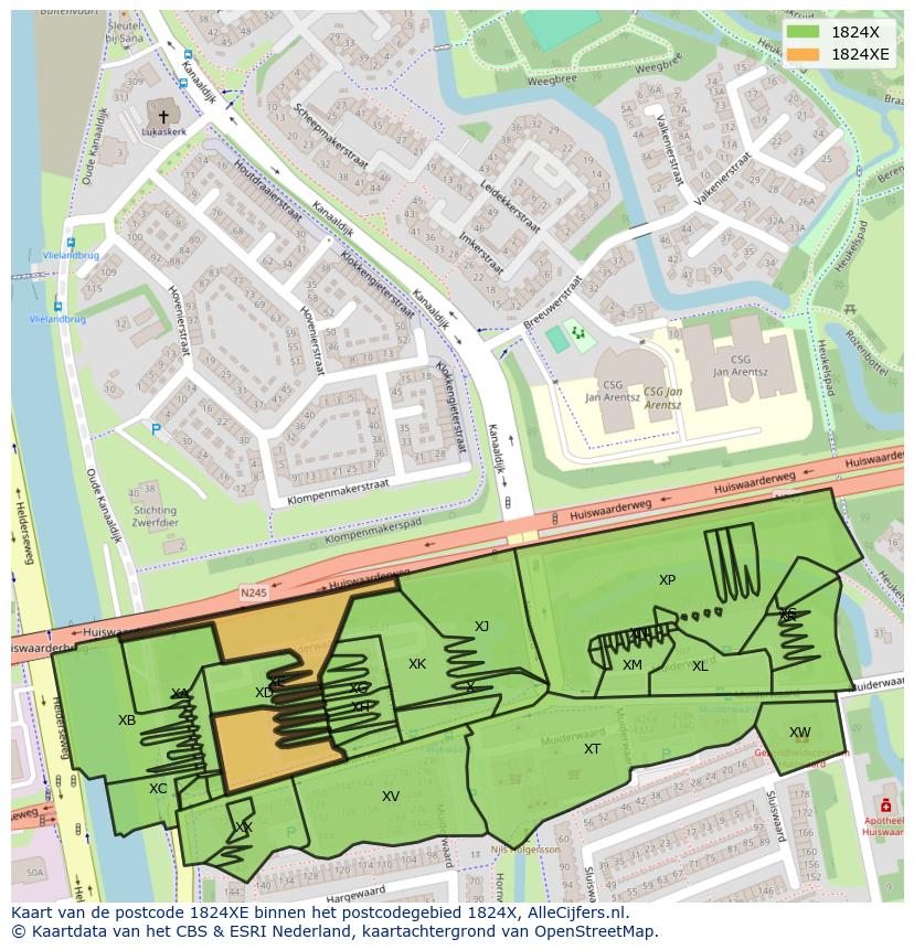 Afbeelding van het postcodegebied 1824 XE op de kaart.