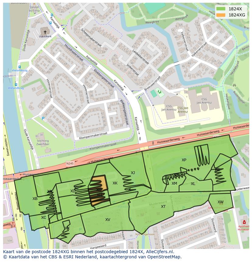 Afbeelding van het postcodegebied 1824 XG op de kaart.