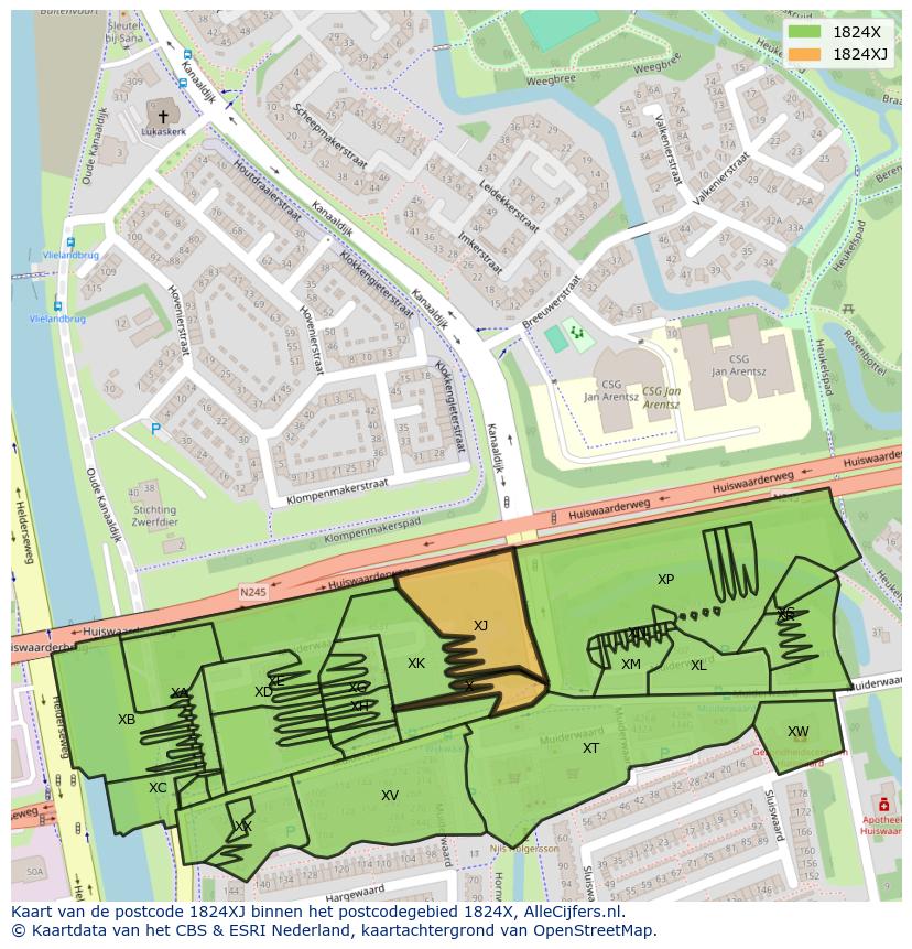 Afbeelding van het postcodegebied 1824 XJ op de kaart.