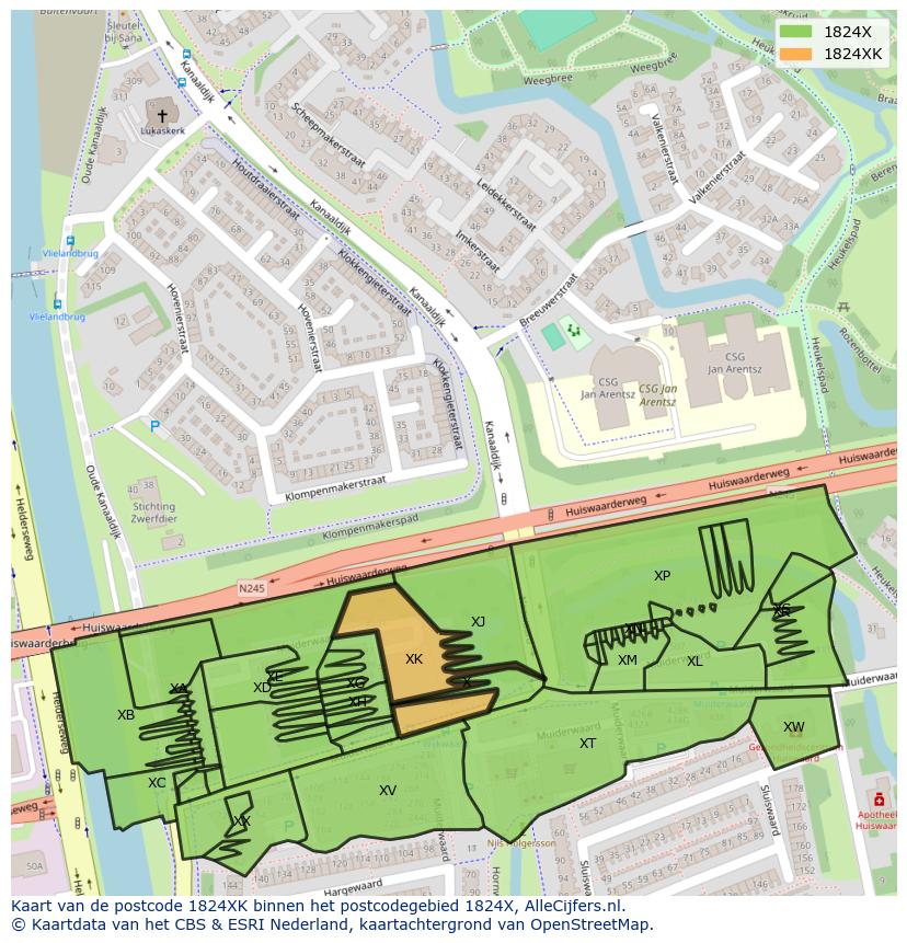 Afbeelding van het postcodegebied 1824 XK op de kaart.