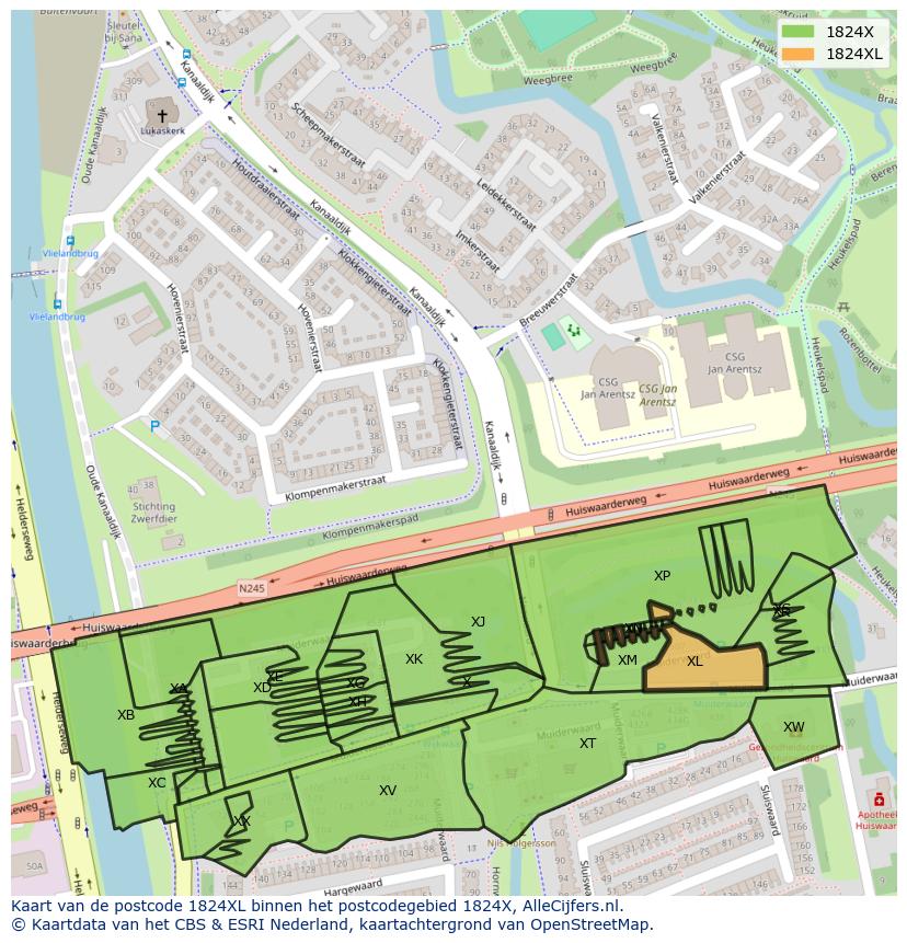 Afbeelding van het postcodegebied 1824 XL op de kaart.