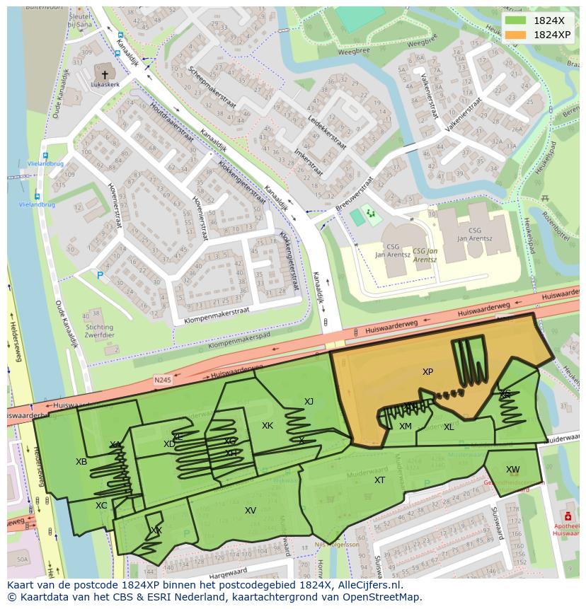 Afbeelding van het postcodegebied 1824 XP op de kaart.