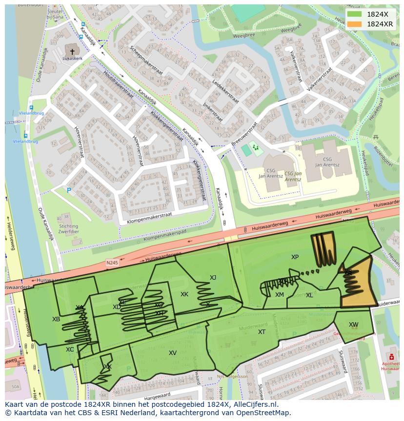 Afbeelding van het postcodegebied 1824 XR op de kaart.