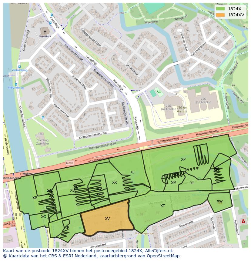 Afbeelding van het postcodegebied 1824 XV op de kaart.