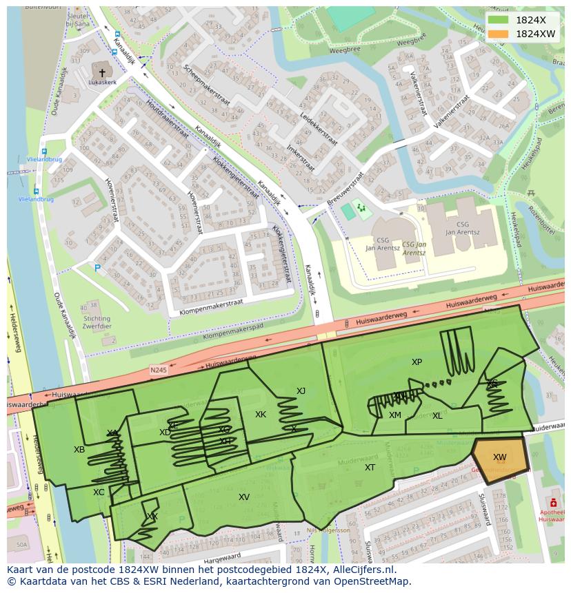 Afbeelding van het postcodegebied 1824 XW op de kaart.
