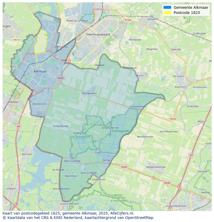 Afbeelding van het postcodegebied 1825 op de kaart.