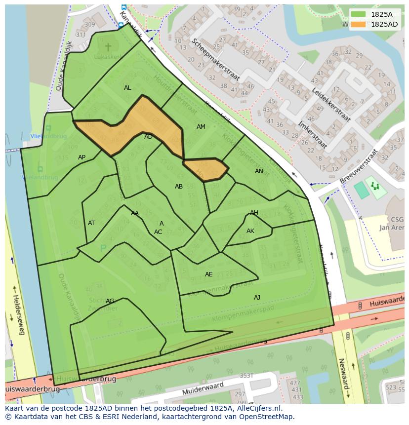 Afbeelding van het postcodegebied 1825 AD op de kaart.