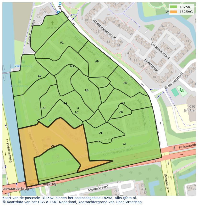 Afbeelding van het postcodegebied 1825 AG op de kaart.