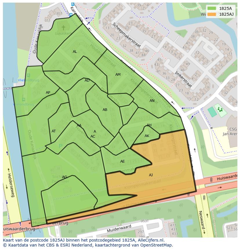 Afbeelding van het postcodegebied 1825 AJ op de kaart.