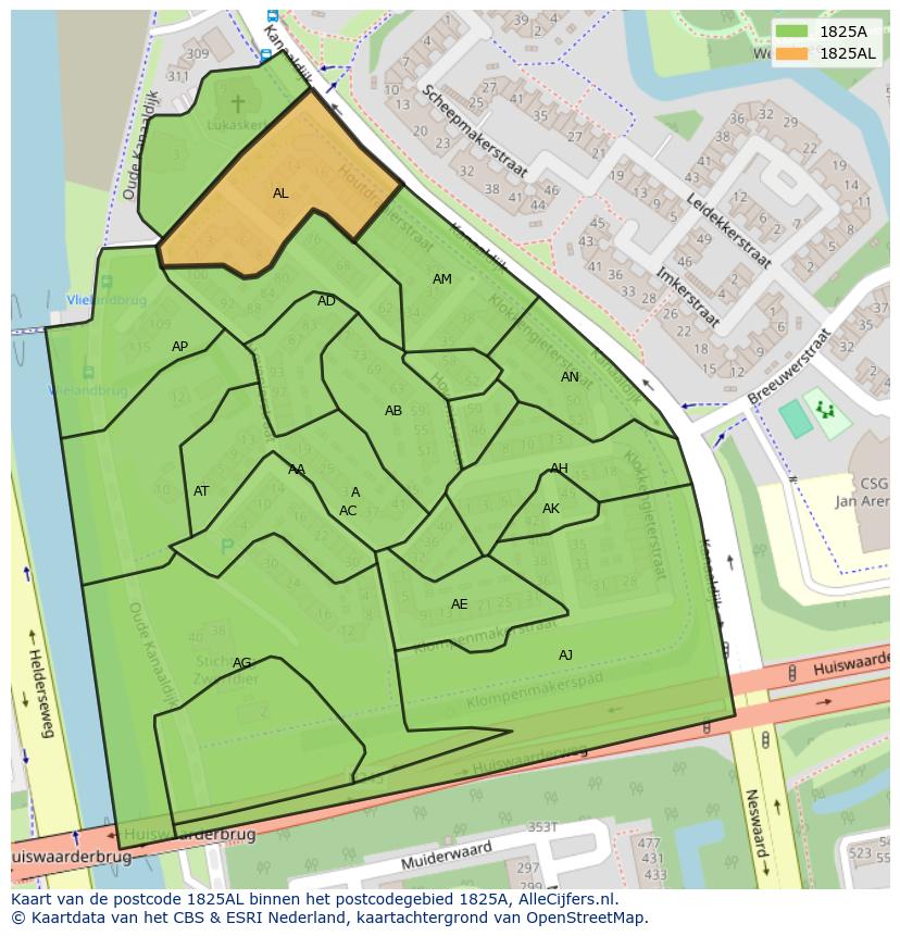 Afbeelding van het postcodegebied 1825 AL op de kaart.