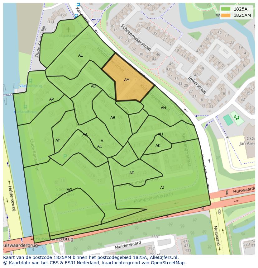 Afbeelding van het postcodegebied 1825 AM op de kaart.