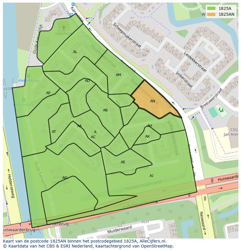 Afbeelding van het postcodegebied 1825 AN op de kaart.