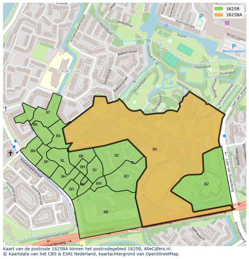 Afbeelding van het postcodegebied 1825 BA op de kaart.