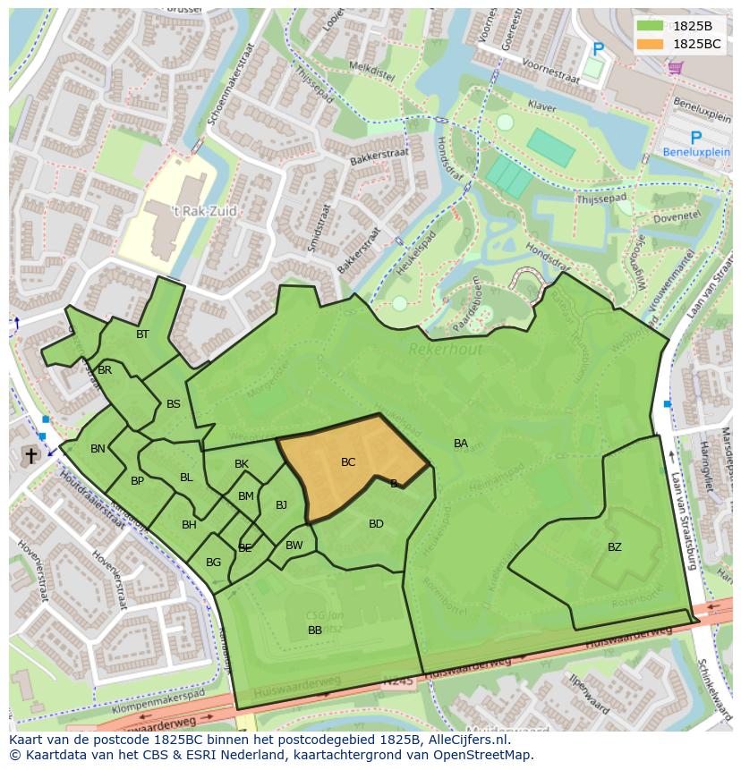 Afbeelding van het postcodegebied 1825 BC op de kaart.