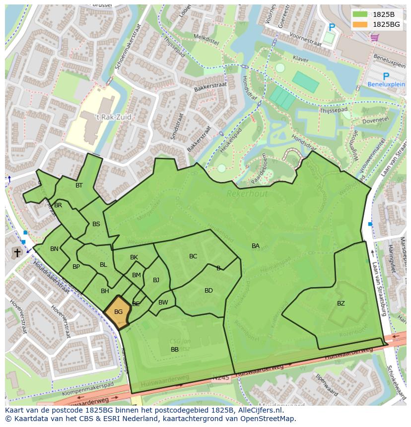 Afbeelding van het postcodegebied 1825 BG op de kaart.
