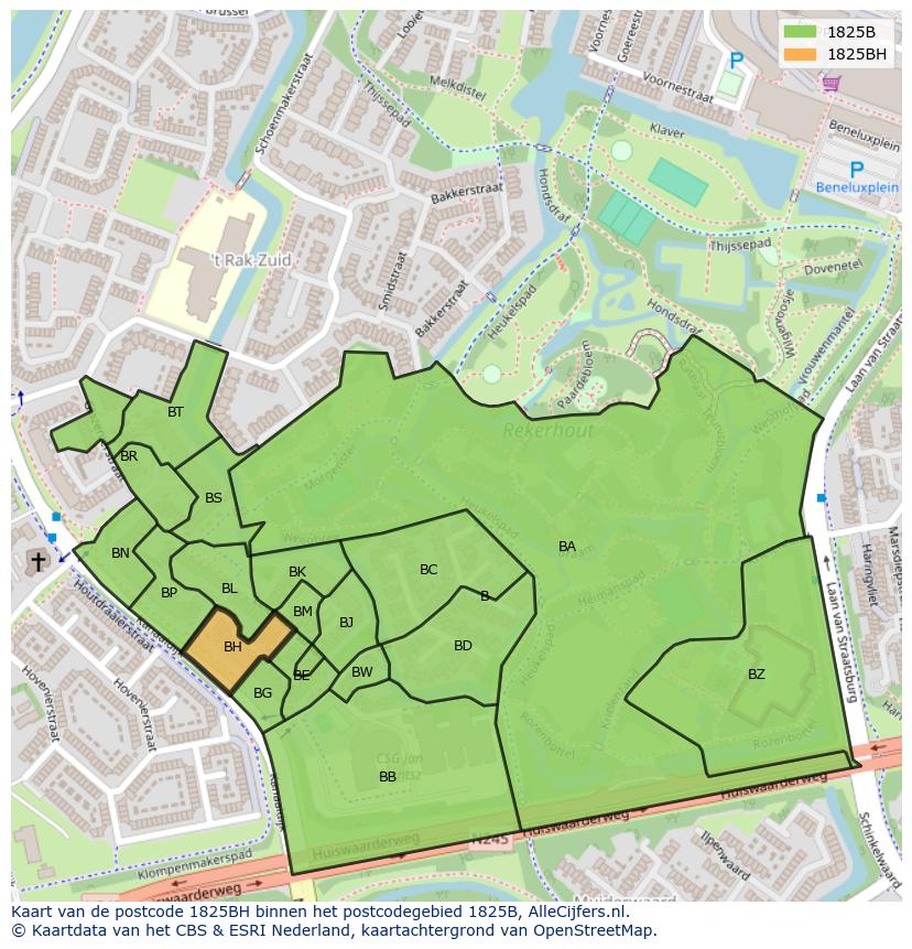 Afbeelding van het postcodegebied 1825 BH op de kaart.