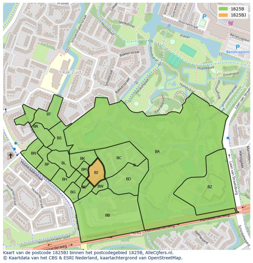 Afbeelding van het postcodegebied 1825 BJ op de kaart.