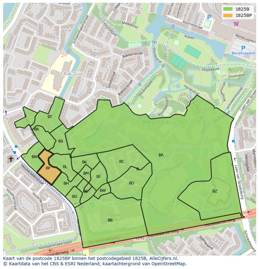 Afbeelding van het postcodegebied 1825 BP op de kaart.
