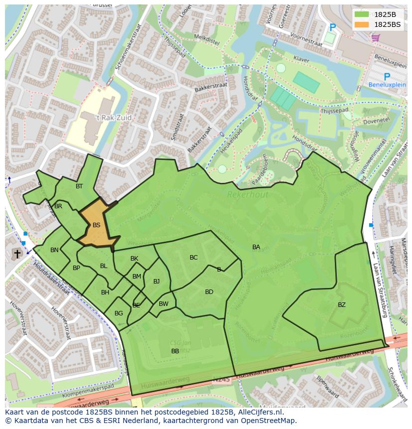 Afbeelding van het postcodegebied 1825 BS op de kaart.