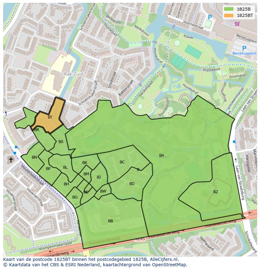 Afbeelding van het postcodegebied 1825 BT op de kaart.