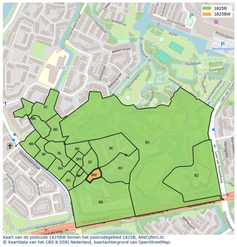 Afbeelding van het postcodegebied 1825 BW op de kaart.