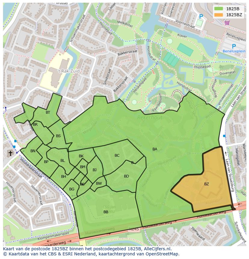 Afbeelding van het postcodegebied 1825 BZ op de kaart.