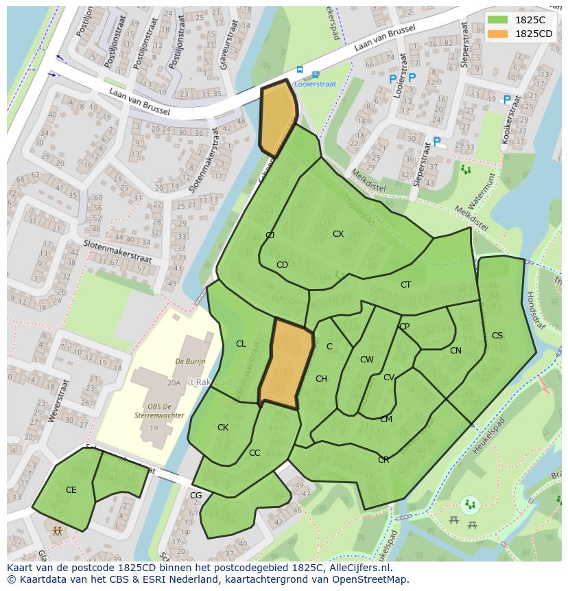 Afbeelding van het postcodegebied 1825 CD op de kaart.