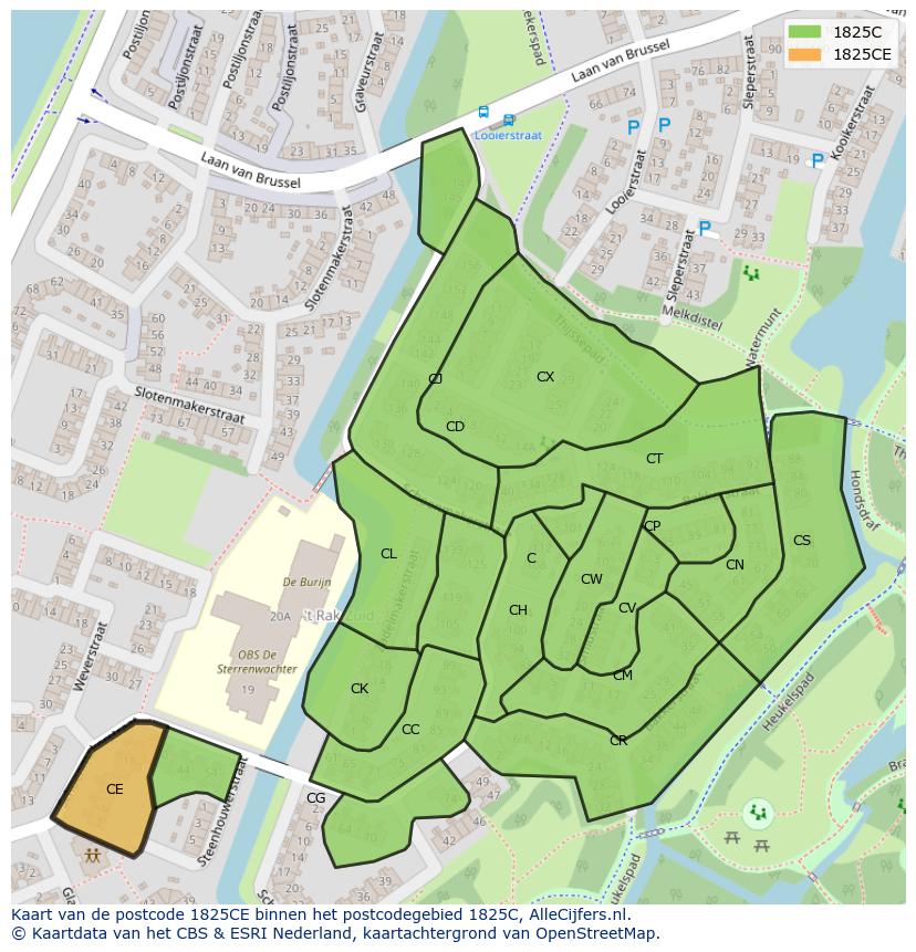 Afbeelding van het postcodegebied 1825 CE op de kaart.