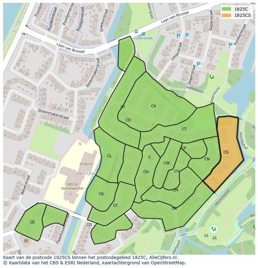 Afbeelding van het postcodegebied 1825 CS op de kaart.