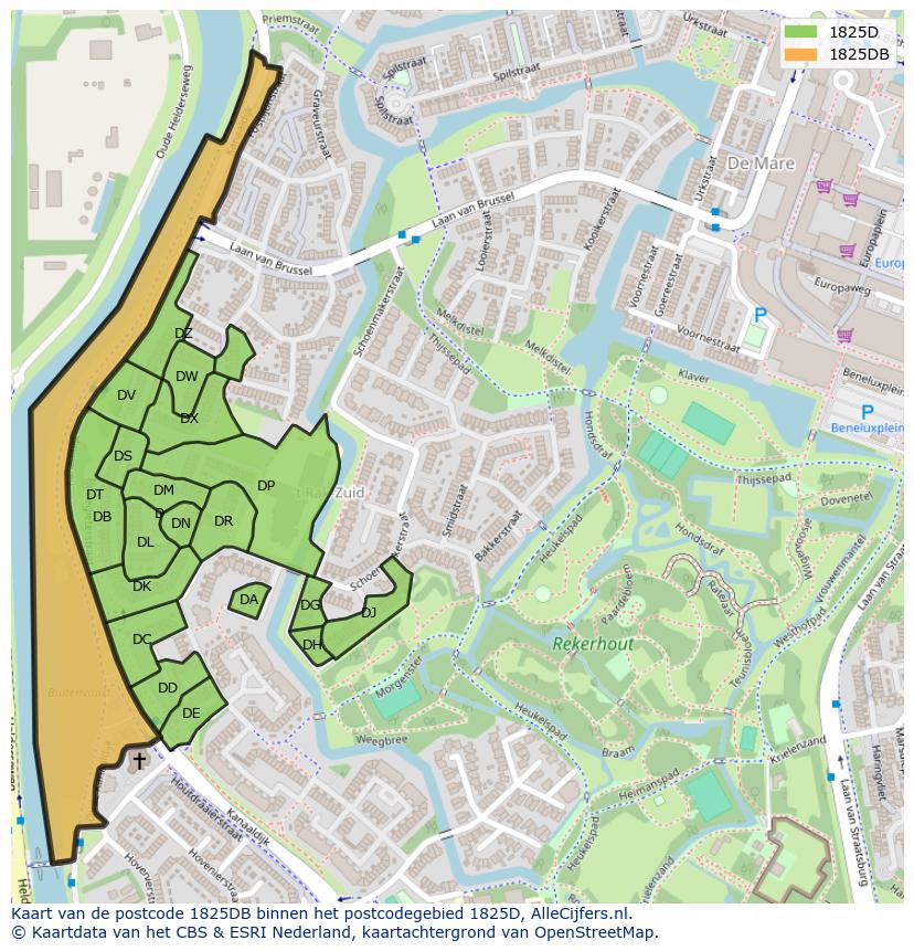Afbeelding van het postcodegebied 1825 DB op de kaart.