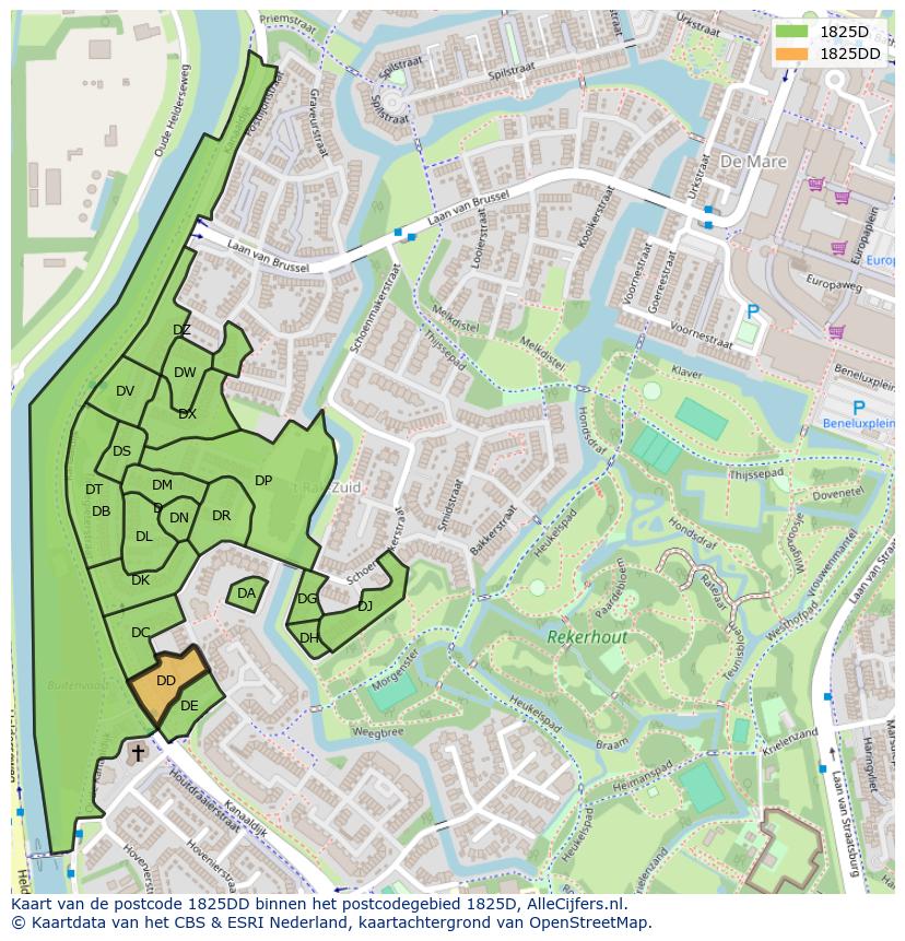 Afbeelding van het postcodegebied 1825 DD op de kaart.