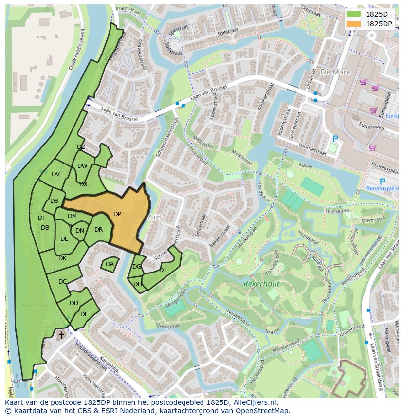 Afbeelding van het postcodegebied 1825 DP op de kaart.