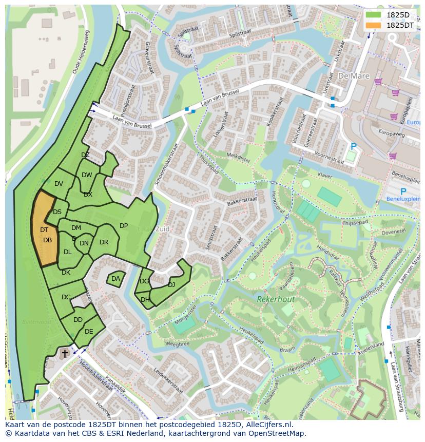 Afbeelding van het postcodegebied 1825 DT op de kaart.