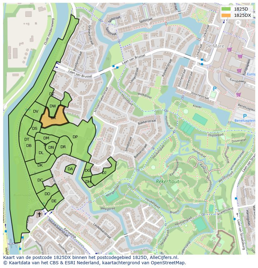 Afbeelding van het postcodegebied 1825 DX op de kaart.