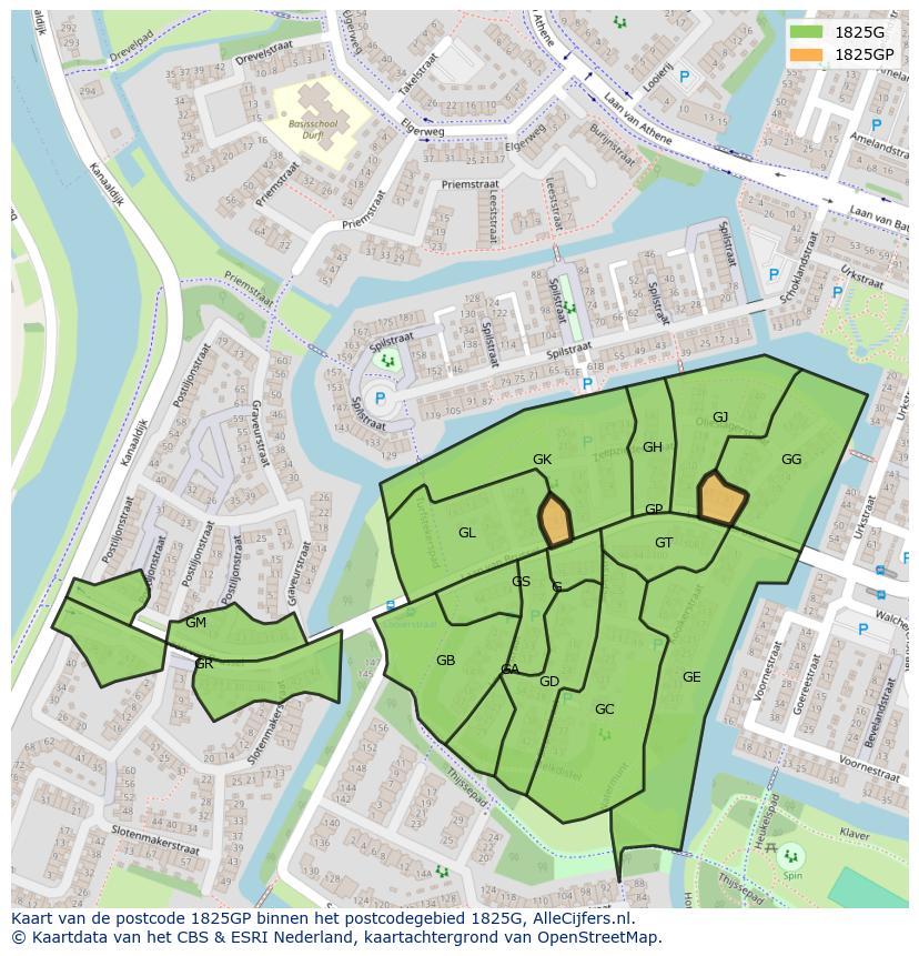 Afbeelding van het postcodegebied 1825 GP op de kaart.