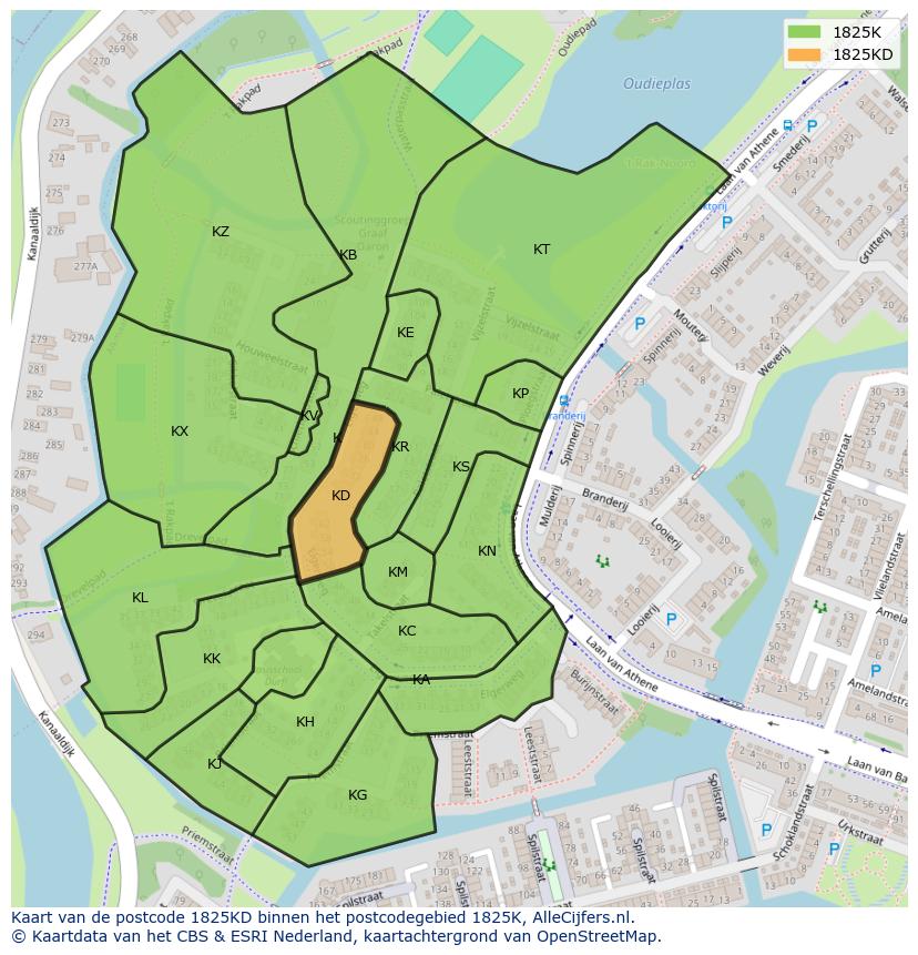Afbeelding van het postcodegebied 1825 KD op de kaart.