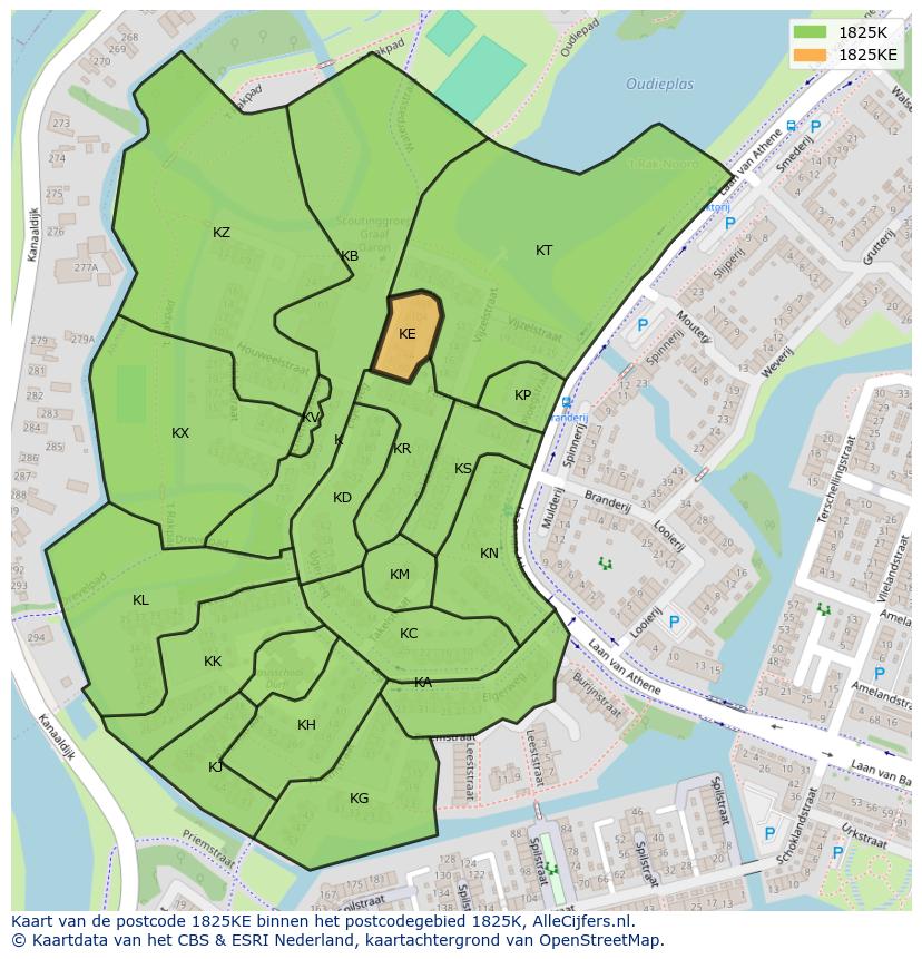 Afbeelding van het postcodegebied 1825 KE op de kaart.