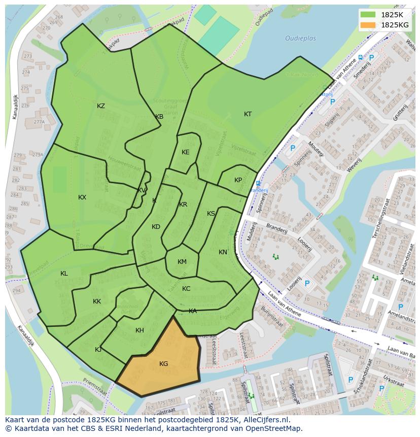 Afbeelding van het postcodegebied 1825 KG op de kaart.