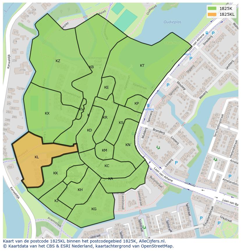 Afbeelding van het postcodegebied 1825 KL op de kaart.