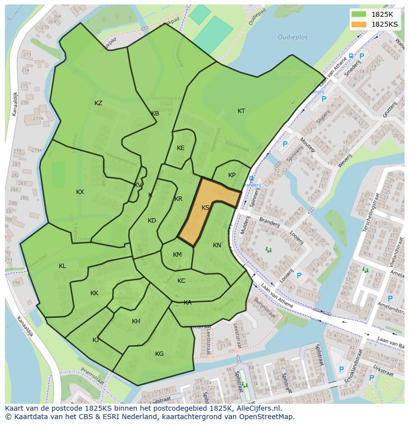 Afbeelding van het postcodegebied 1825 KS op de kaart.