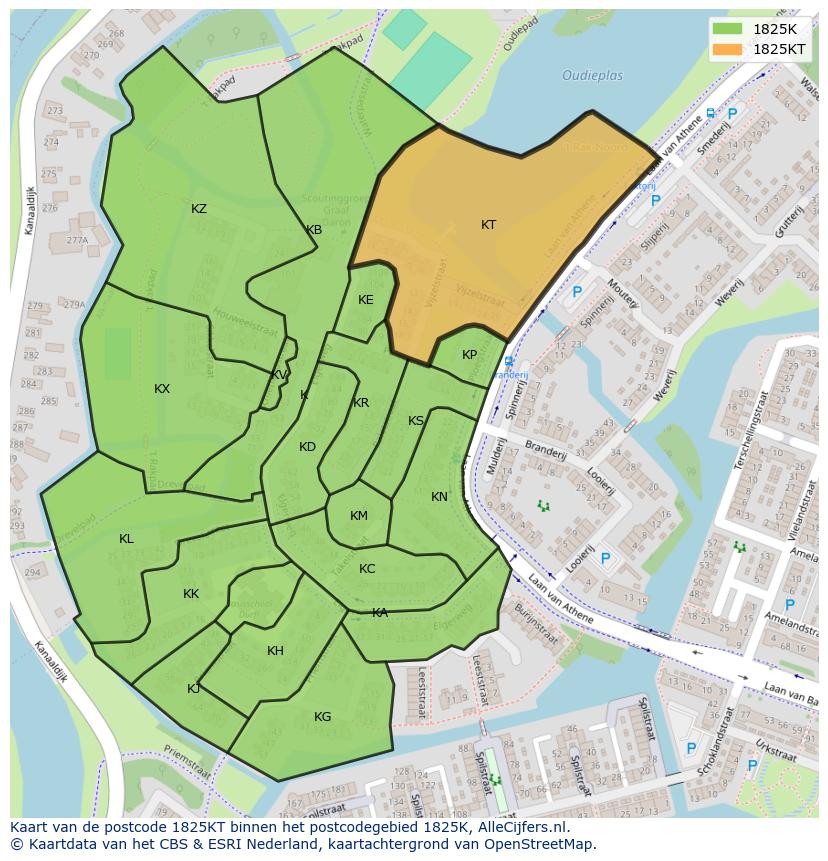 Afbeelding van het postcodegebied 1825 KT op de kaart.