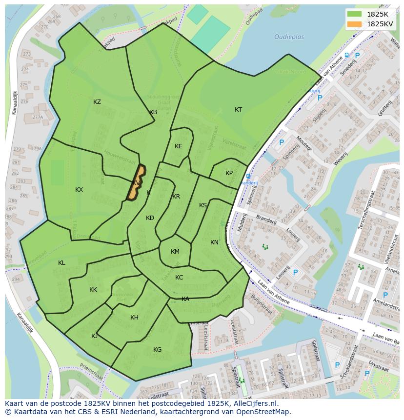 Afbeelding van het postcodegebied 1825 KV op de kaart.