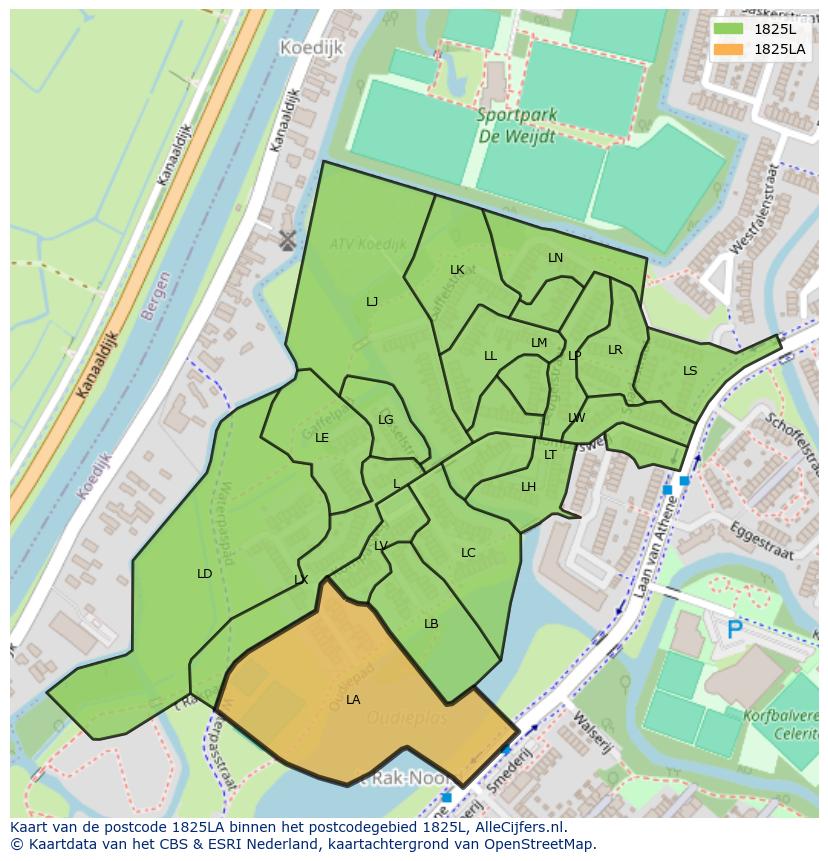 Afbeelding van het postcodegebied 1825 LA op de kaart.