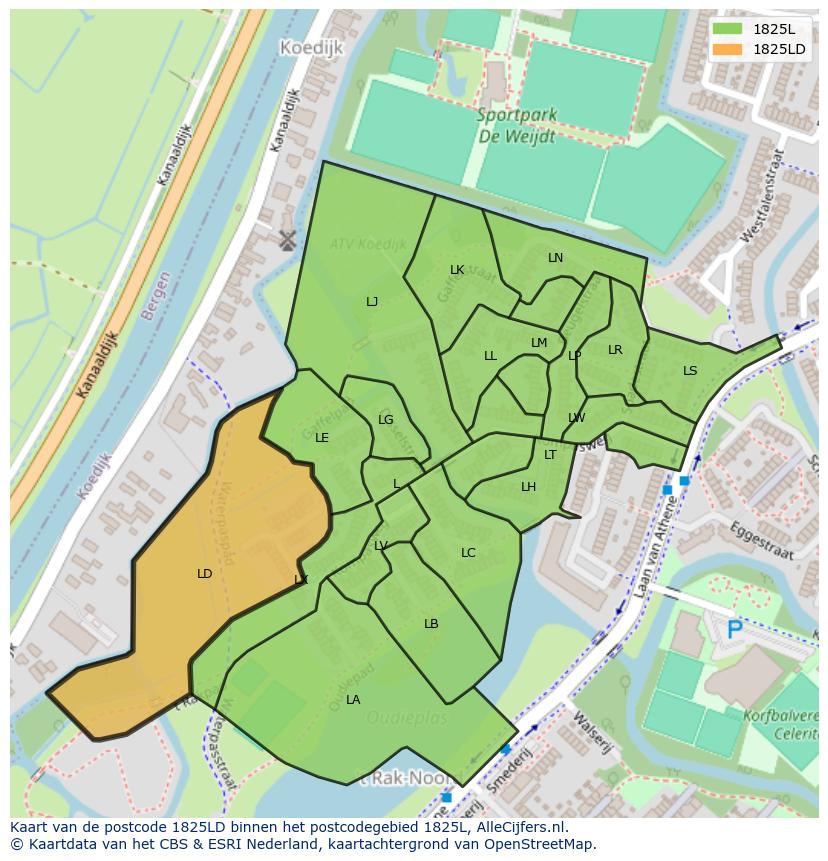 Afbeelding van het postcodegebied 1825 LD op de kaart.