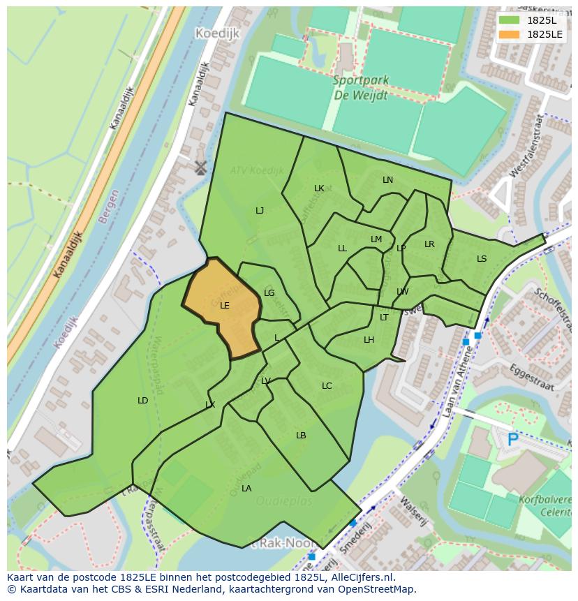 Afbeelding van het postcodegebied 1825 LE op de kaart.