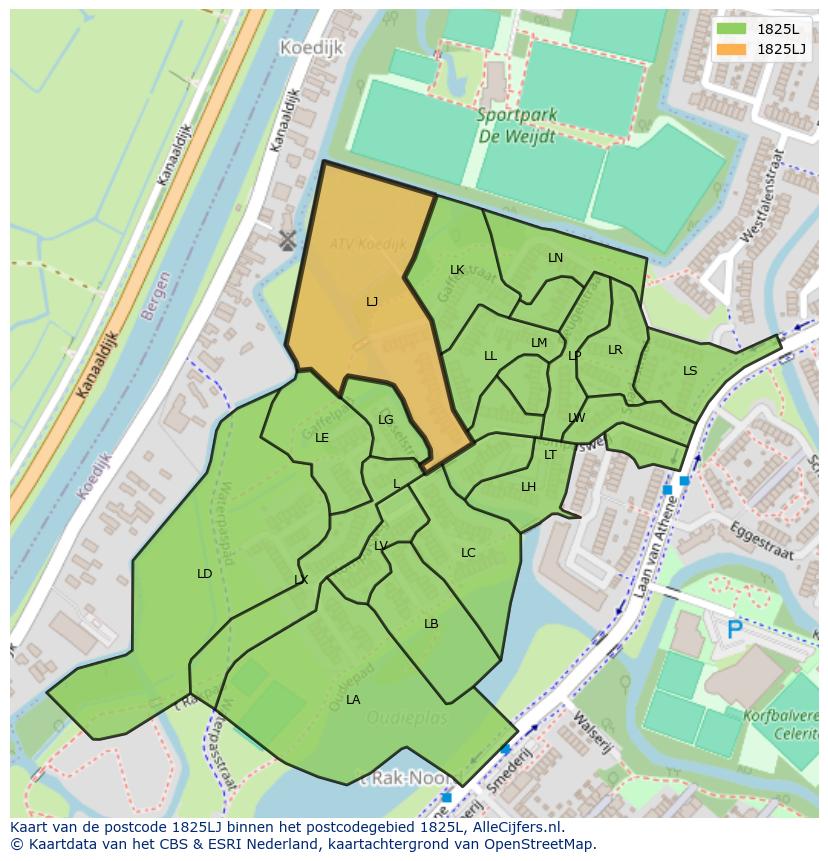 Afbeelding van het postcodegebied 1825 LJ op de kaart.